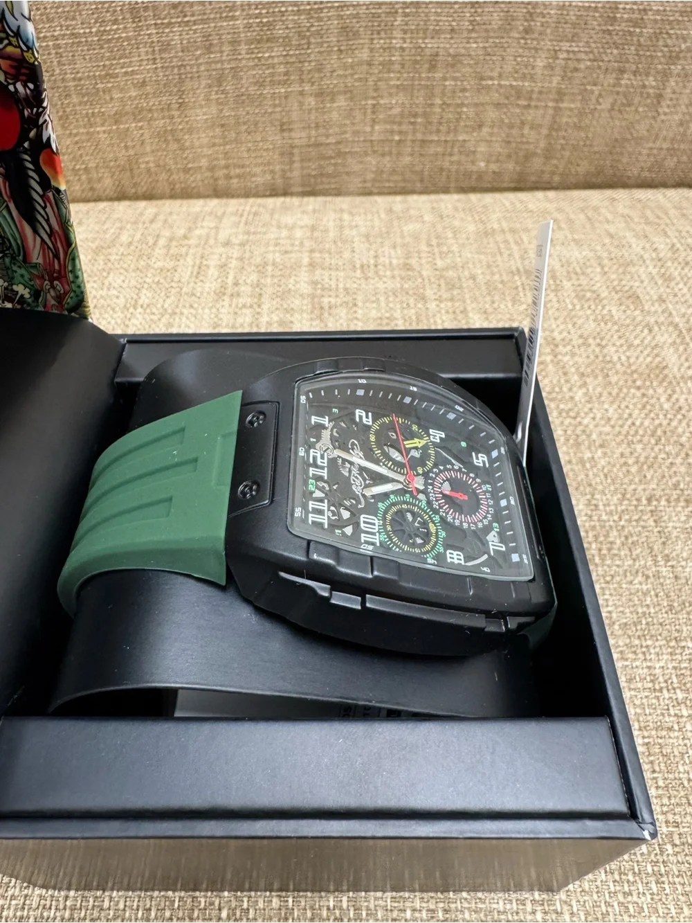 Ed Hardy Quartz Skull Skeleton Dial Watch Black Tonneau Green Strap 100m Box